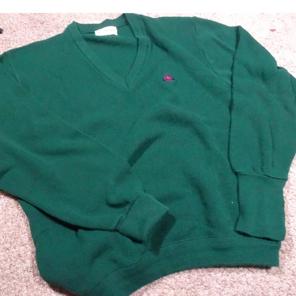 Vintage Classic Preppy Izod V-Neck Sweater Forest Green Made in USA XL Acrylic